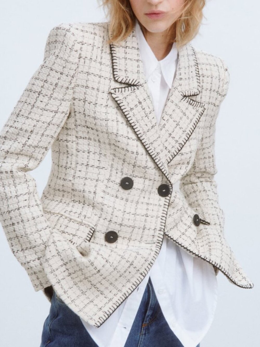 Zara White Black Textured Weave Double Breasted Blazer Jacket Size S